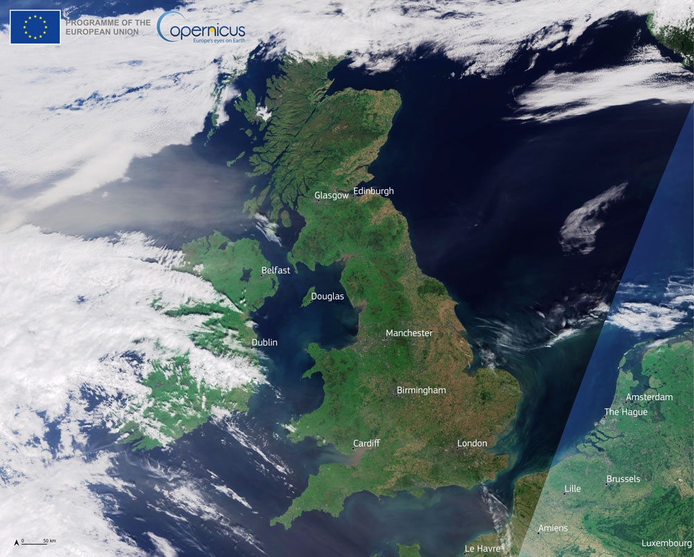 Copernicus Sentinel-3 capturing a cloud-free image of the UK, 5 September 2023.
