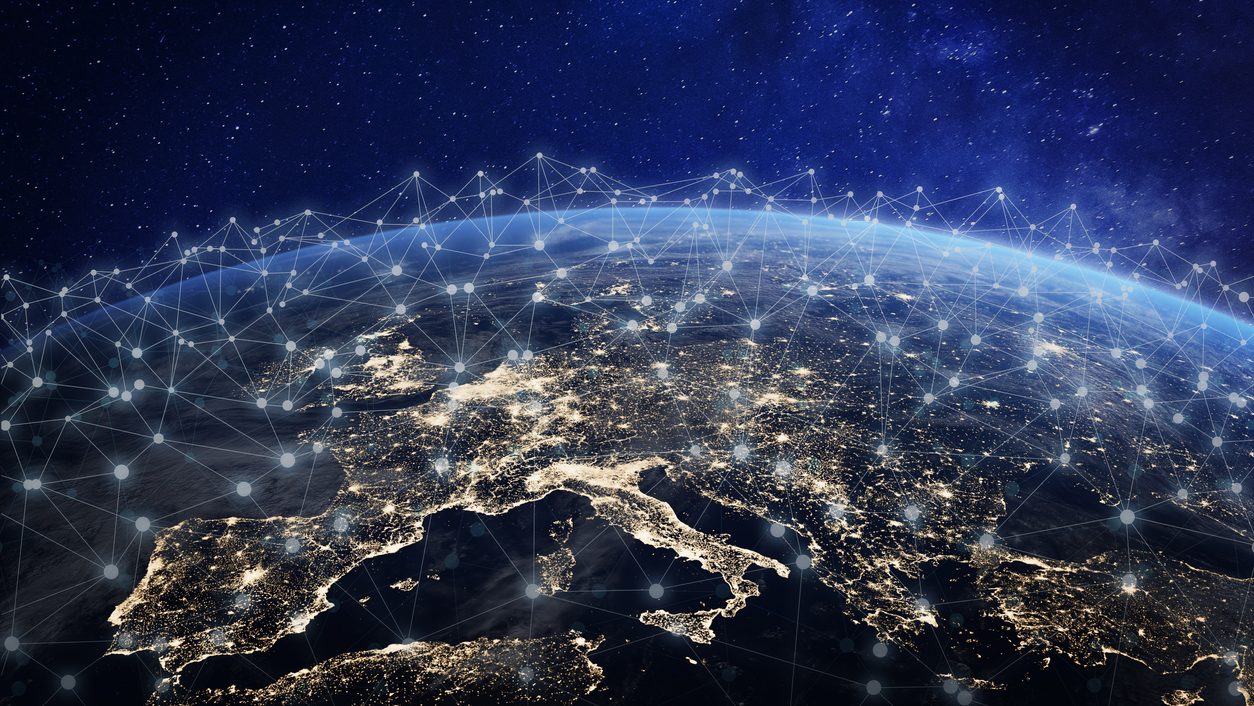 European telecommunication network connected over Europe, France, Germany, UK, Italy, concept about internet and global communication.