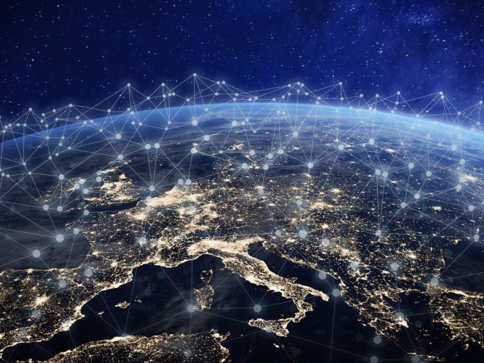 European telecommunication network connected over Europe, France, Germany, UK, Italy, concept about internet and global communication.