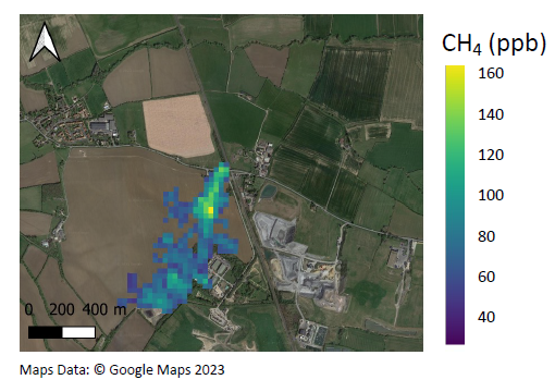 Aerial photograph showing a methane leak. 