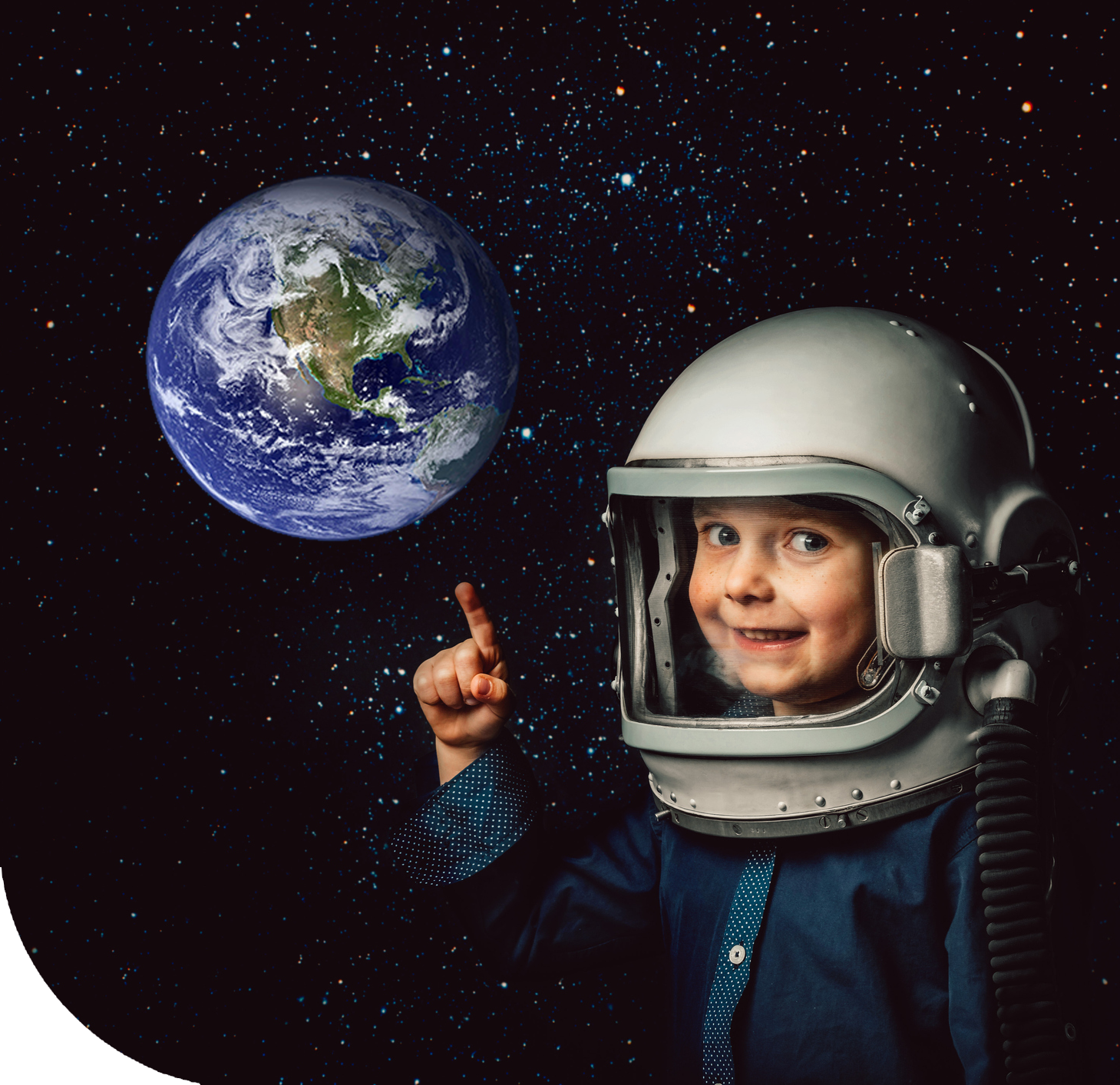 Child in space helmet pointing at the Earth