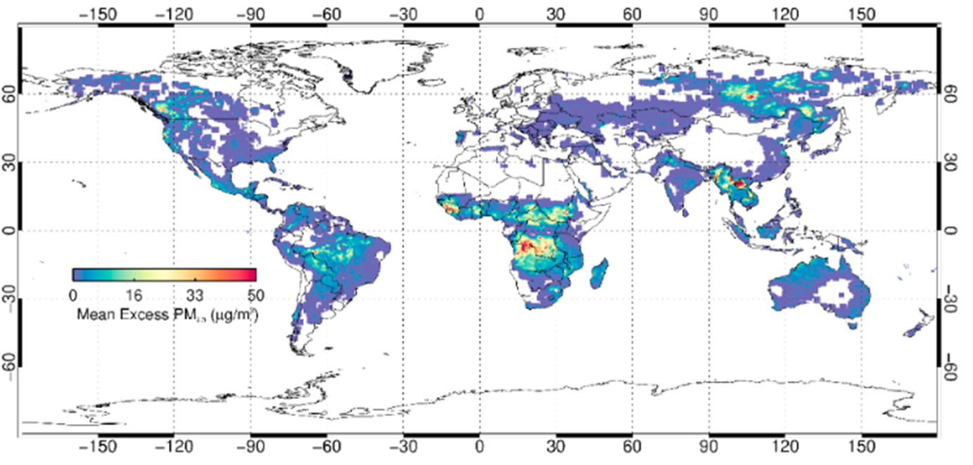 Map showing global distribution of fire derived PM2.5 from CAMS based estimates.