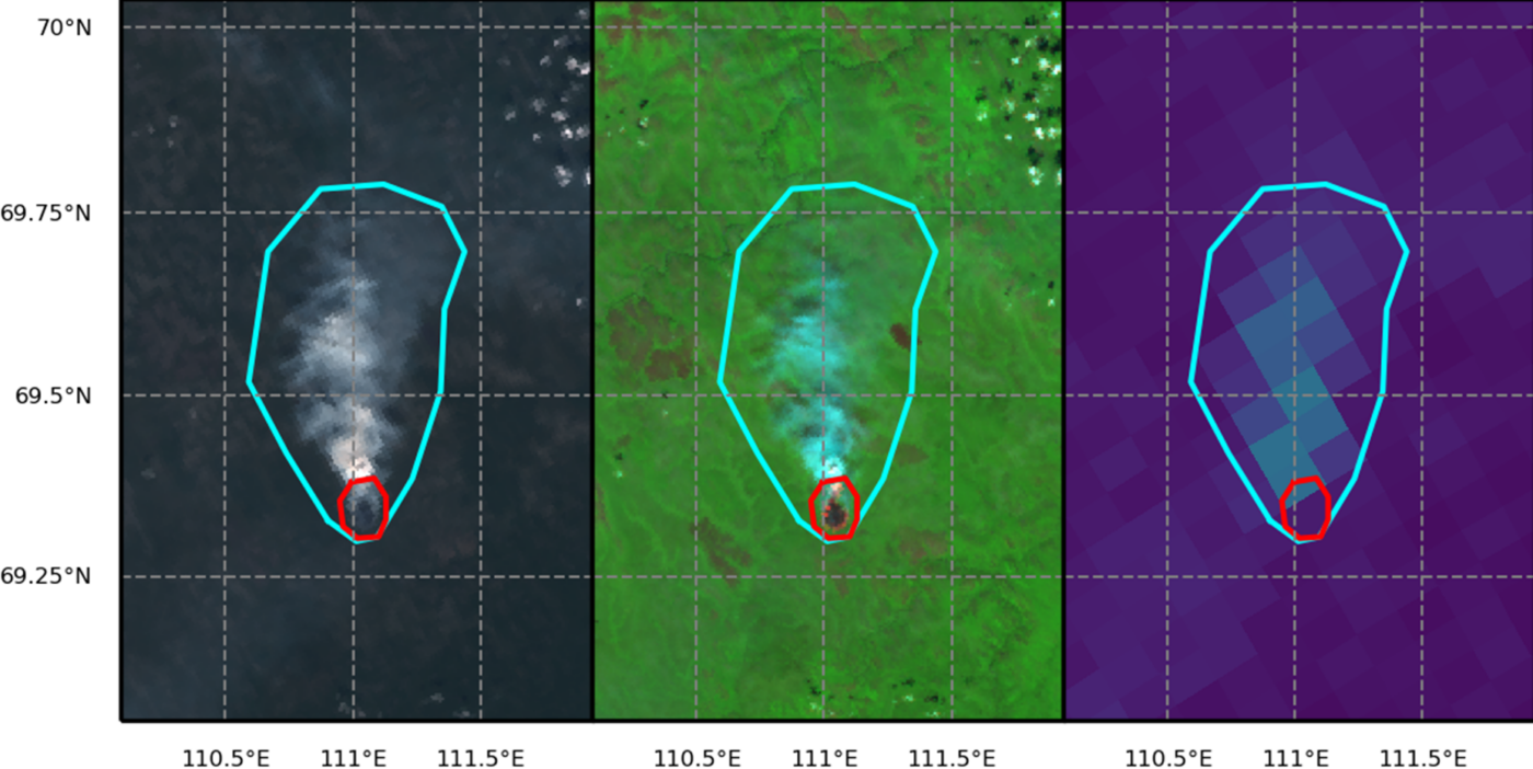 VIIRS and Sentinel-5P observations of a smoke plume (blue outline) and associated wildfire (red outline) in Siberia; observed on 29th June 2020 