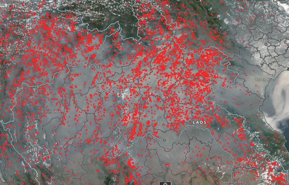 Thermal Hotspots & Haze over Northern Thailand, Laos and Vietnam on April 6th, 2023 (Source: NASA Worldview)