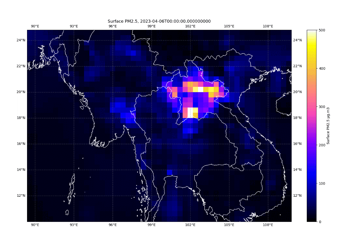 Modelled PM2.5 from the Copernicus Atmosphere Monitoring Service on 6 April 2023.