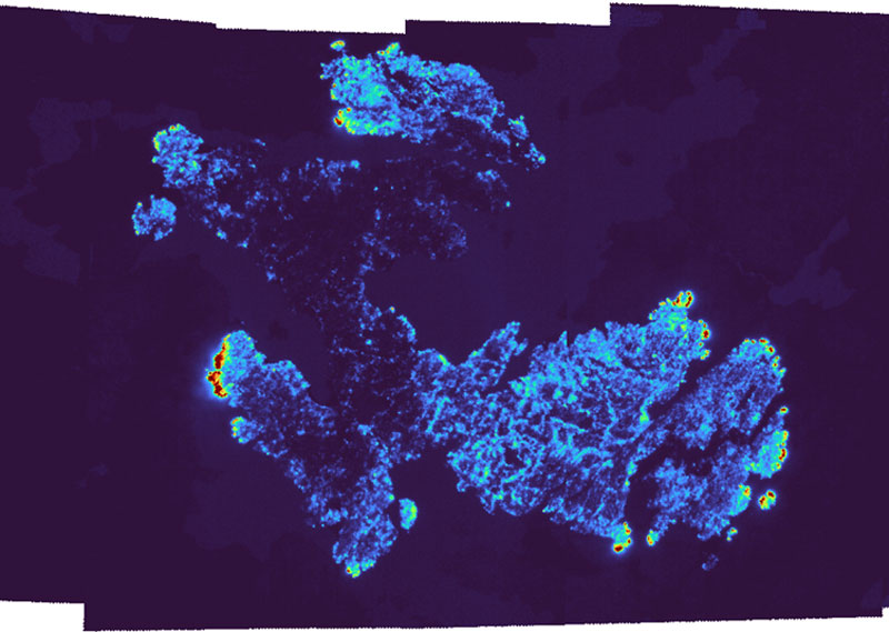 Thermal mosaic image of a Canadian wildfire highlighting hot spot areas.