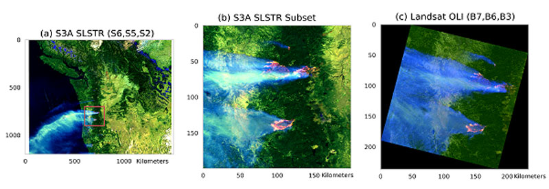 Comparison between near-simultaneous daytime Sentinel-3 and Landsat-8 active fire pixel data of California on 8 Sept 2020.