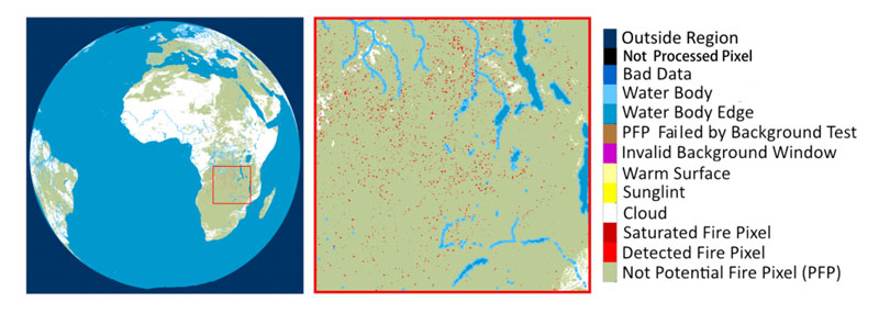 Meteosat SEVIRI FRP-PIXEL Product example, derived from SEVIRI imagery collected at 13:00 UTC on 5th July 2015.