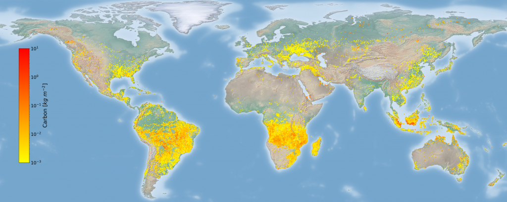 Monthly carbon emissions from landscape fires for 2018, as calculated using GFAS.