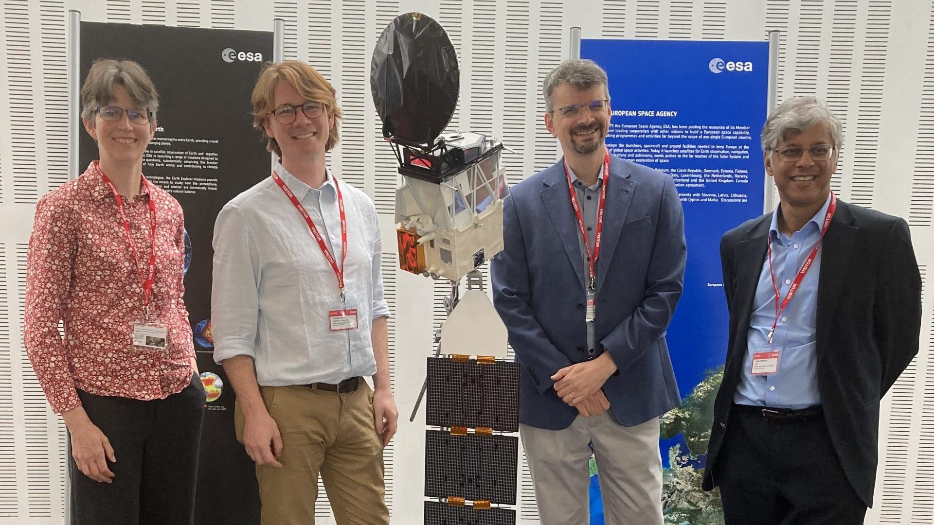 NCEO scientists and alumni at EarthCARE media briefing event: (left to right) Prof Helen Brindley (Imperial College London), Dr Shannon Mason (University of Reading), Dr Robin Hogan (ECMWF), Prof John Remedios (University of Leicester)
