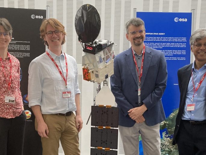 NCEO scientists and alumni at EarthCARE media briefing event: (left to right) Prof Helen Brindley (Imperial College London), Dr Shannon Mason (University of Reading), Dr Robin Hogan (ECMWF), Prof John Remedios (University of Leicester)