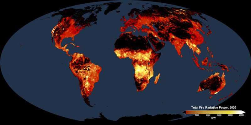 Cumulative fire radiative power over the year 2020.